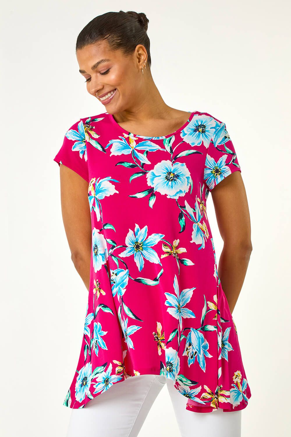 Roman Floral Print Hanky Hem Stretch Tunic Top