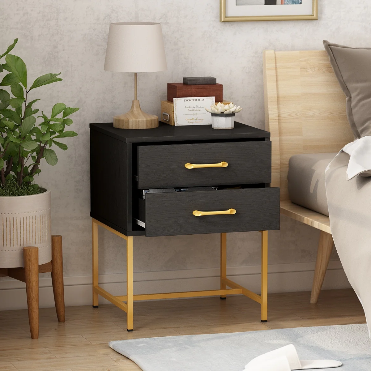 Timechee Nightstand Bedside Table 2-Drawer Black with Glden Metal Base