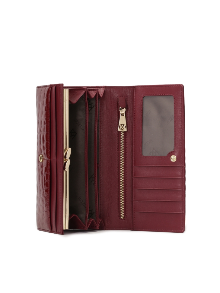 Maroon patent wallet with embossed pattern