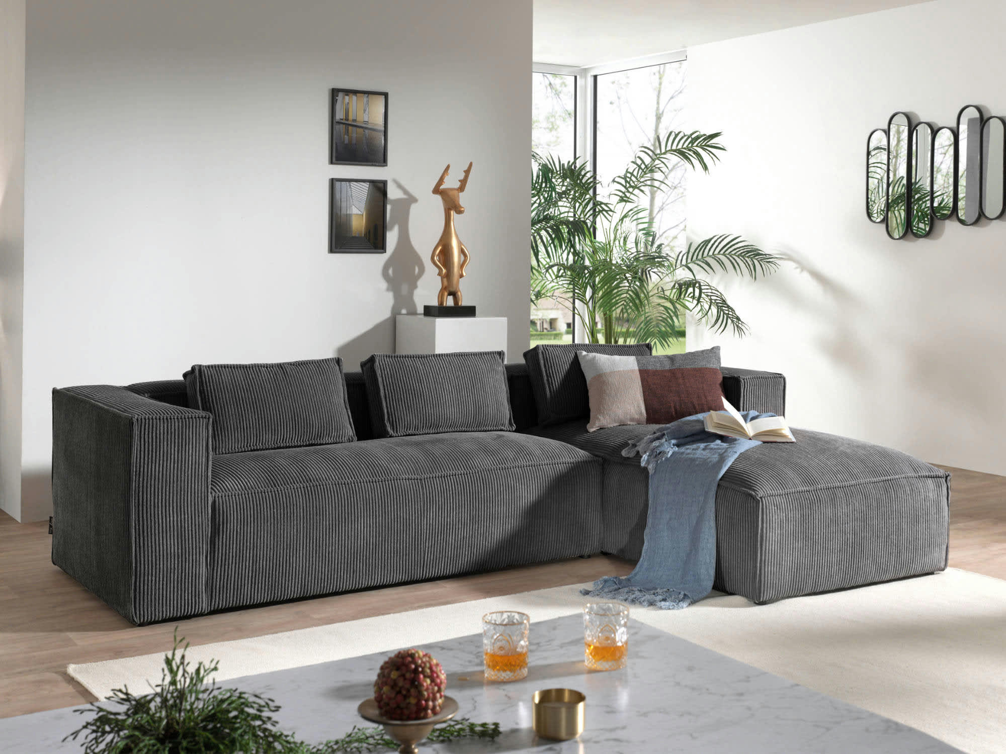 STELLA - Canapé d'angle droit 4 places en velours côtelé gris foncé