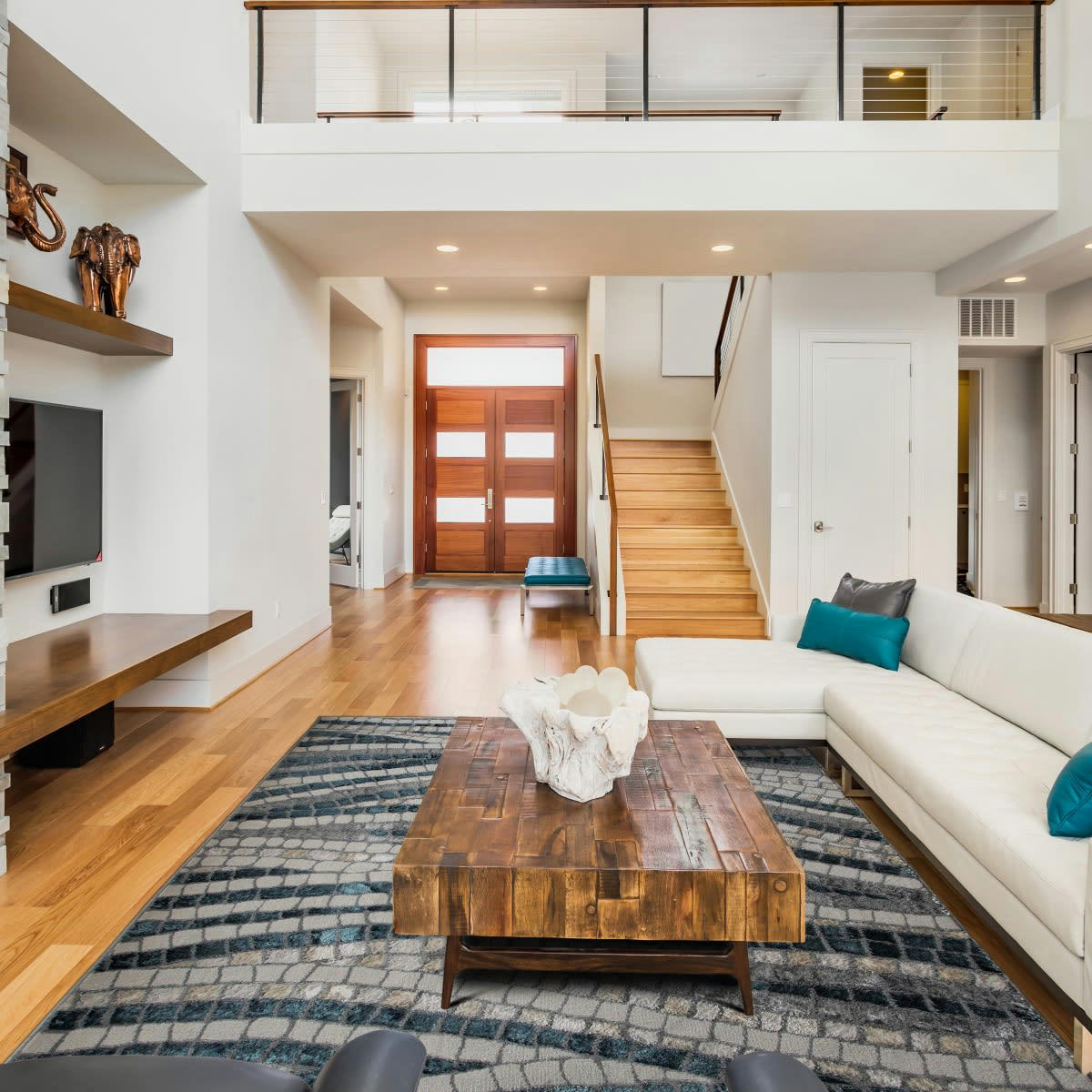 BORGES - Tapis graphique effet carreau gris bleu 120x170