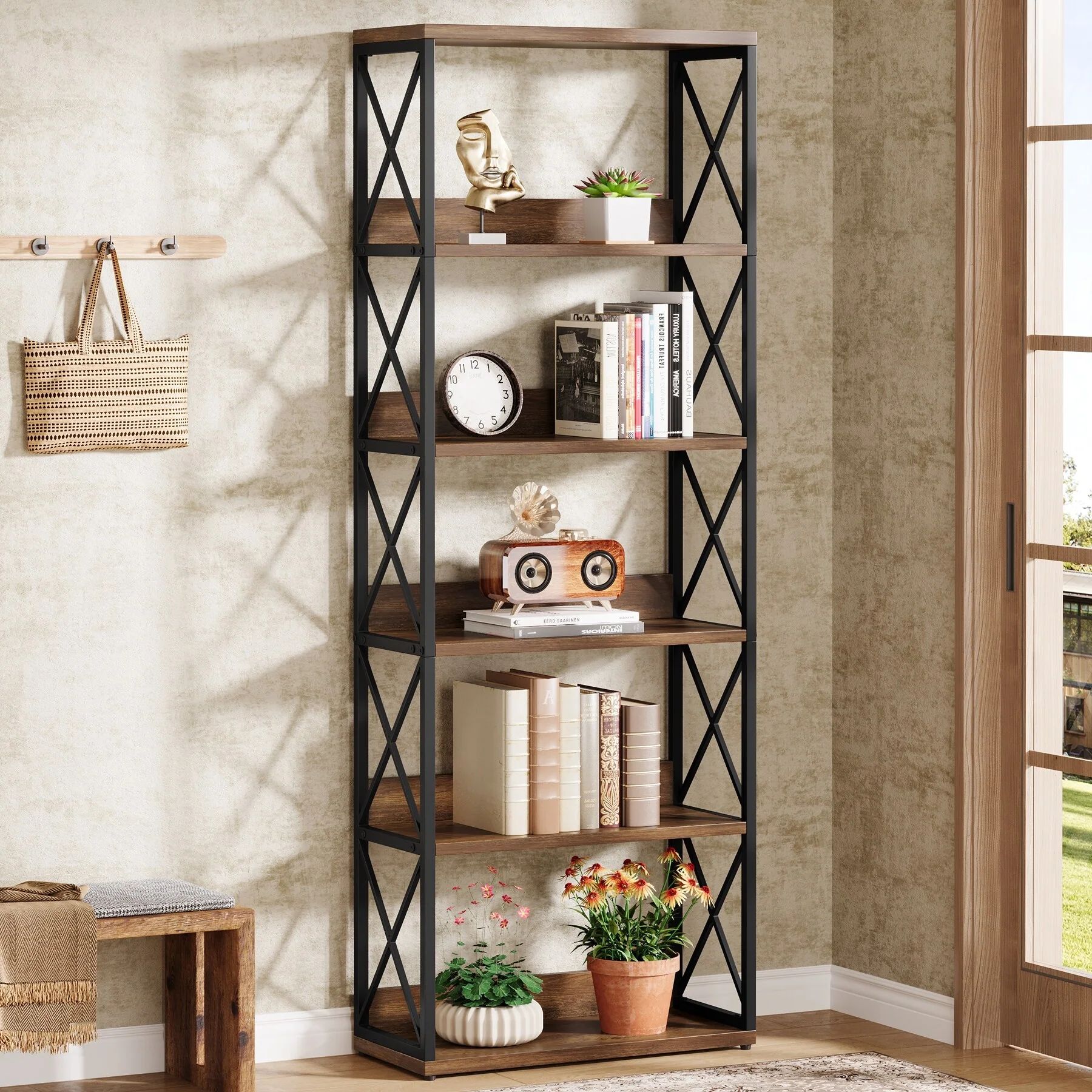6-Tier Industrial Bookshelf, 70-Inch Tall Etagere Bookcase with Open Shelves