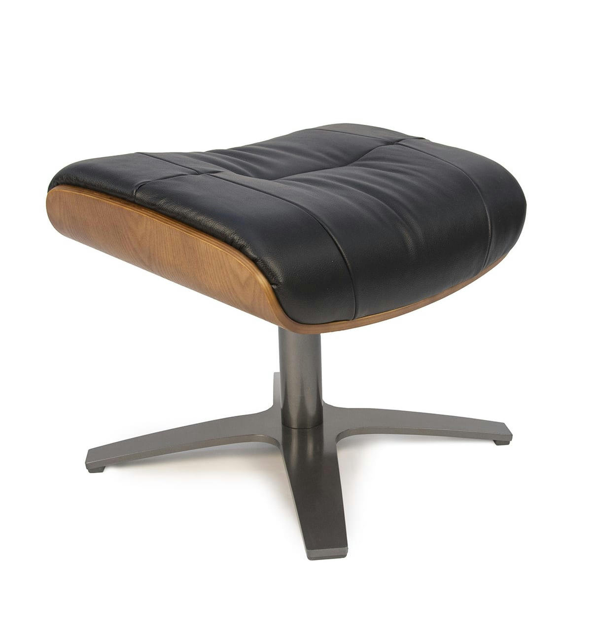 VÉGA - Pouf en Cuir et Chêne Naturel - Cuir Noir