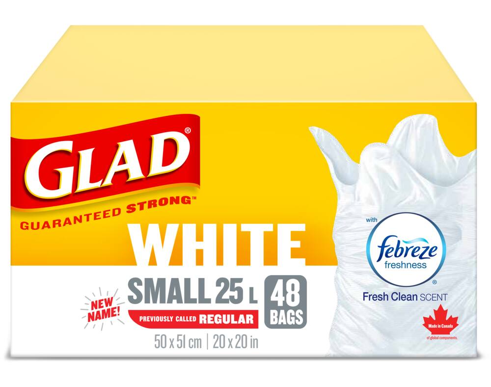 Glad Small Easy-Tie Flap Febreze Fresh Clean Scent Garbage Bags, 48-pk, White, 25-L