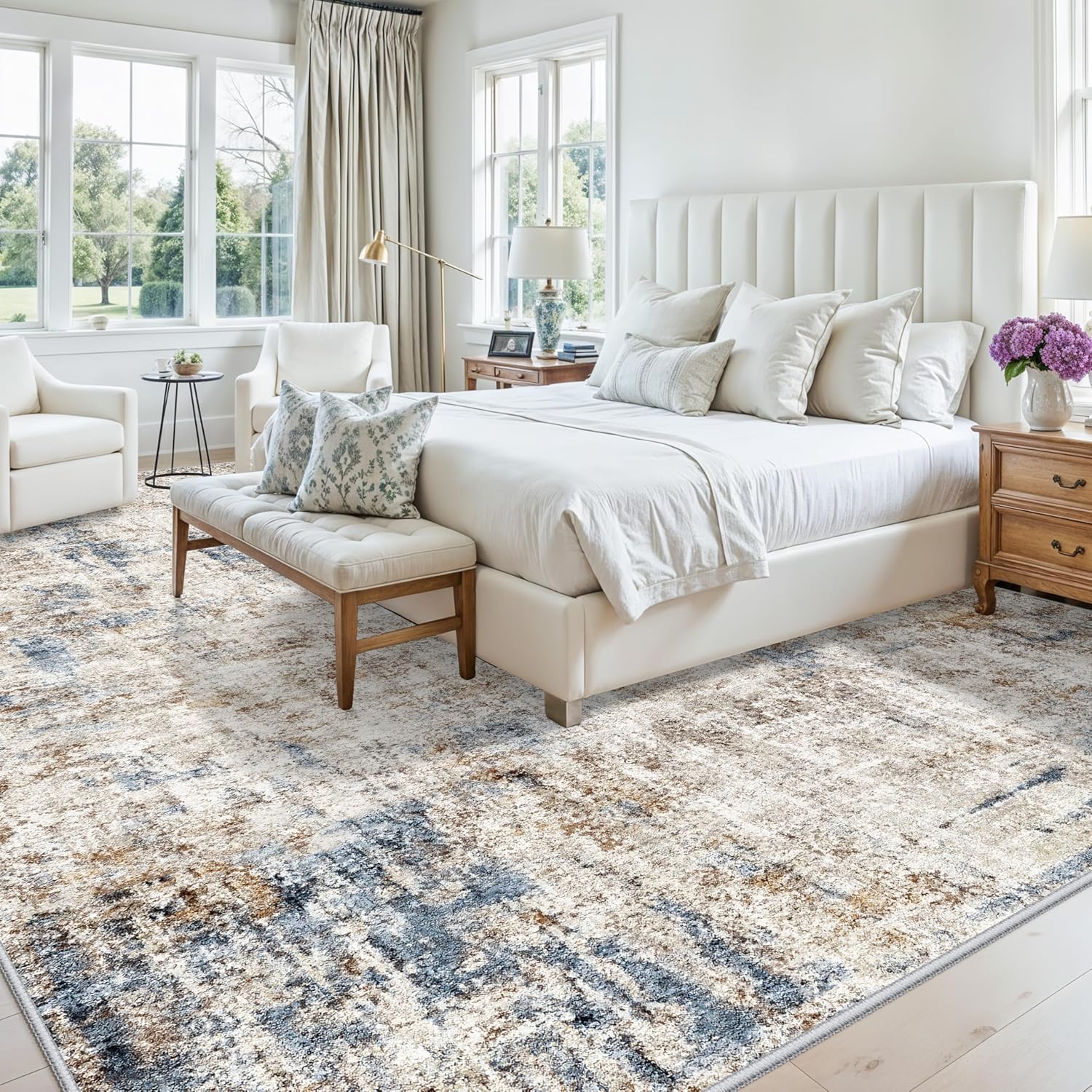12x18 ft Extra Large Living Room Rug – Washable Modern Abstract Neutral Oversize Rugs for Bedroom,Dining Room,Family Room – Non-Slip Low-Pile Thin Stain-Resistant Carpet（Blue Brown）