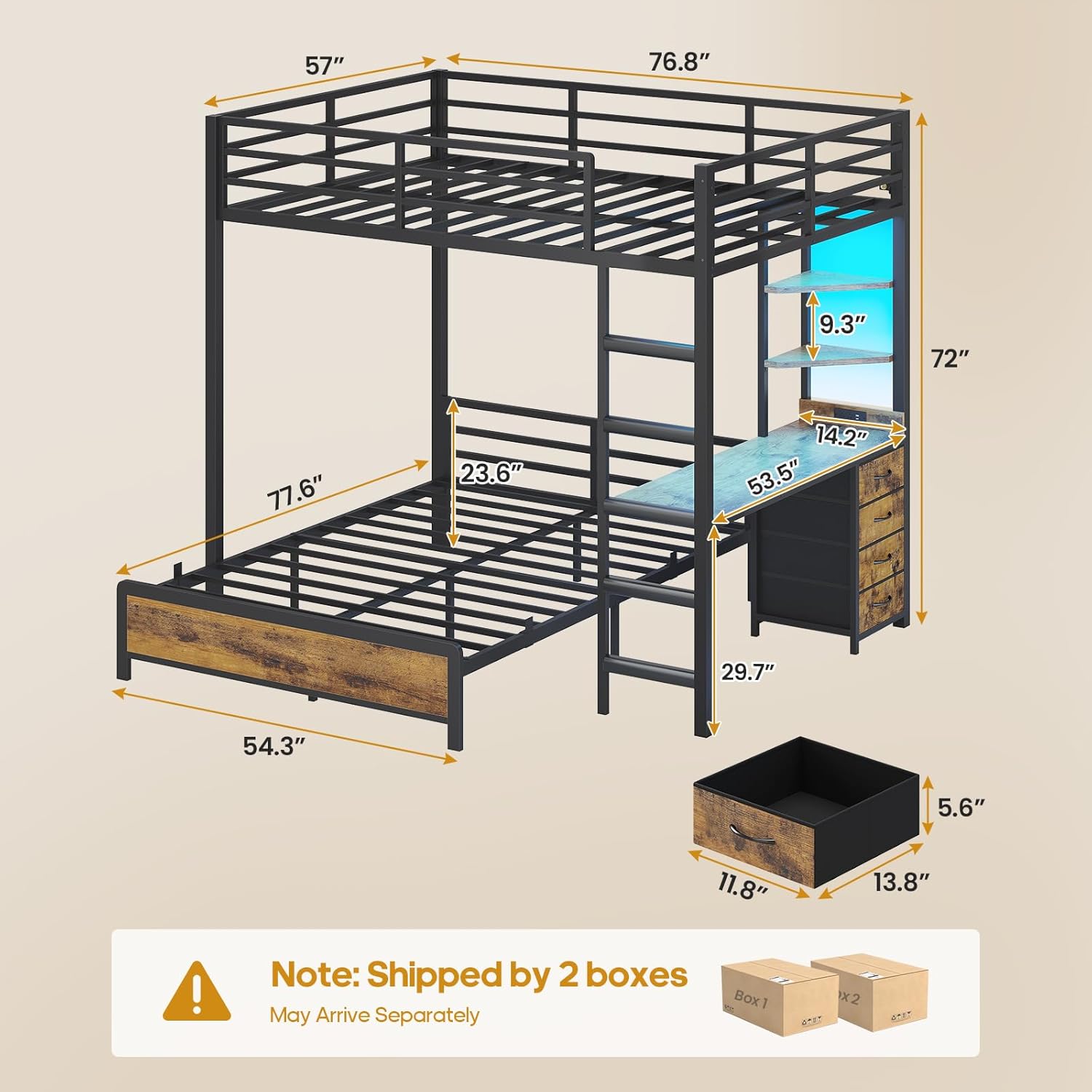ADORNEVE Bunk Bed with Desk, Full Over Full Bunk Beds with Charging Station & Led Lights, 4 Storage Drawers & 2 Open Storage Shelves, Metal Loft Bed with Safety Guardrail & Ladder for Kids/Teen, Black