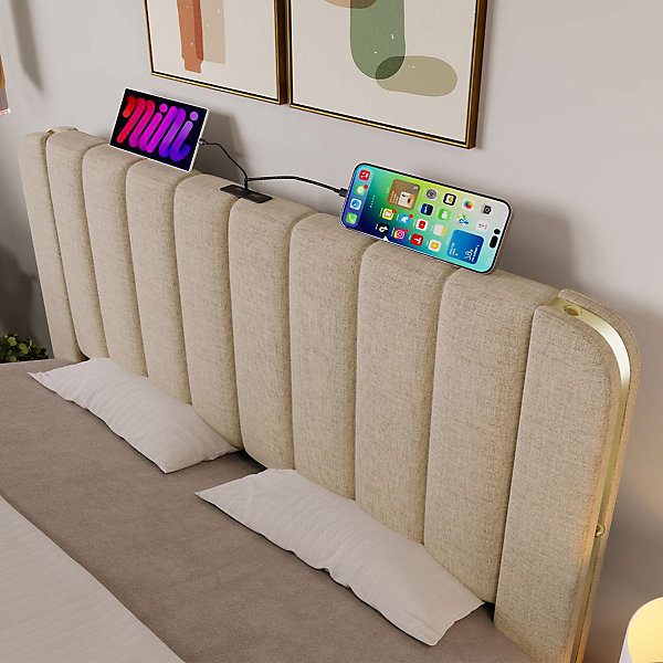 Lit rembourré double 160 x 200 cm, USB Type-C, 4 tiroirs, beige, Blackcolors