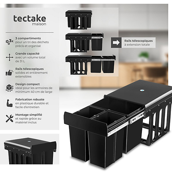 Collecteur de déchets 31 L et 3 compartiments 35 x 48 x 35 cm