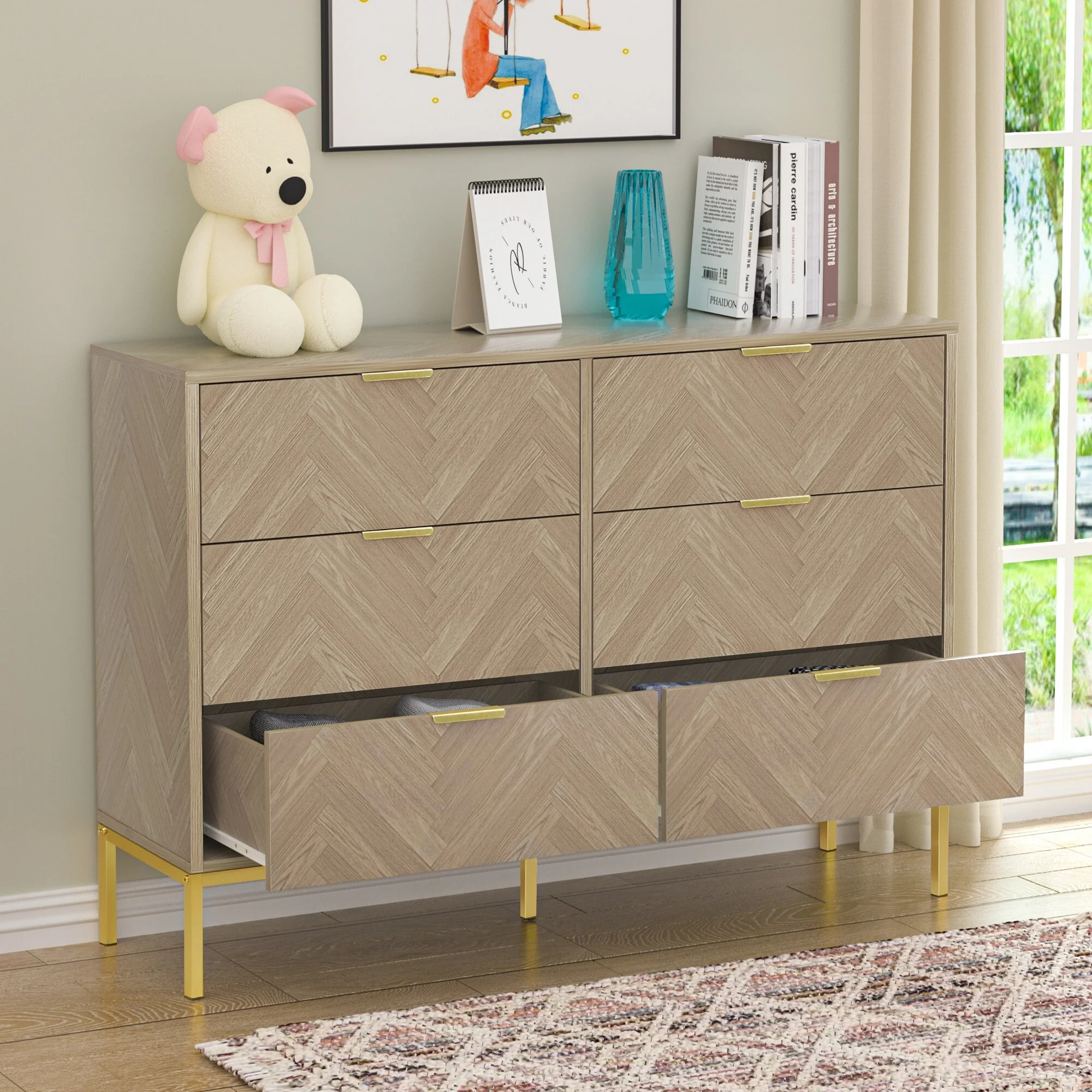 Anmytek 6-Drawer Double Dresser Modern Wood Chest of Drawers for Bedroom Living Room