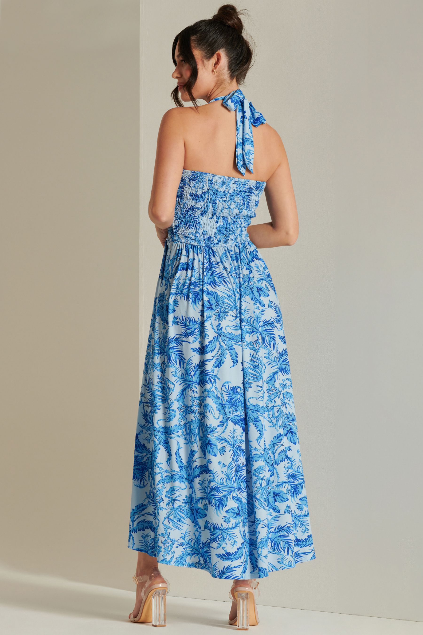 Jolie Moi Plunge Neck Shirred Back Maxi Dress