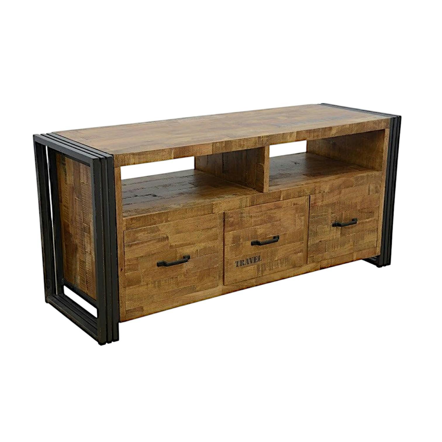 Meuble TV hévéa recyclé naturel et métal noirci 3 tiroirs 2 niches 120X40X55cm DOCKER
