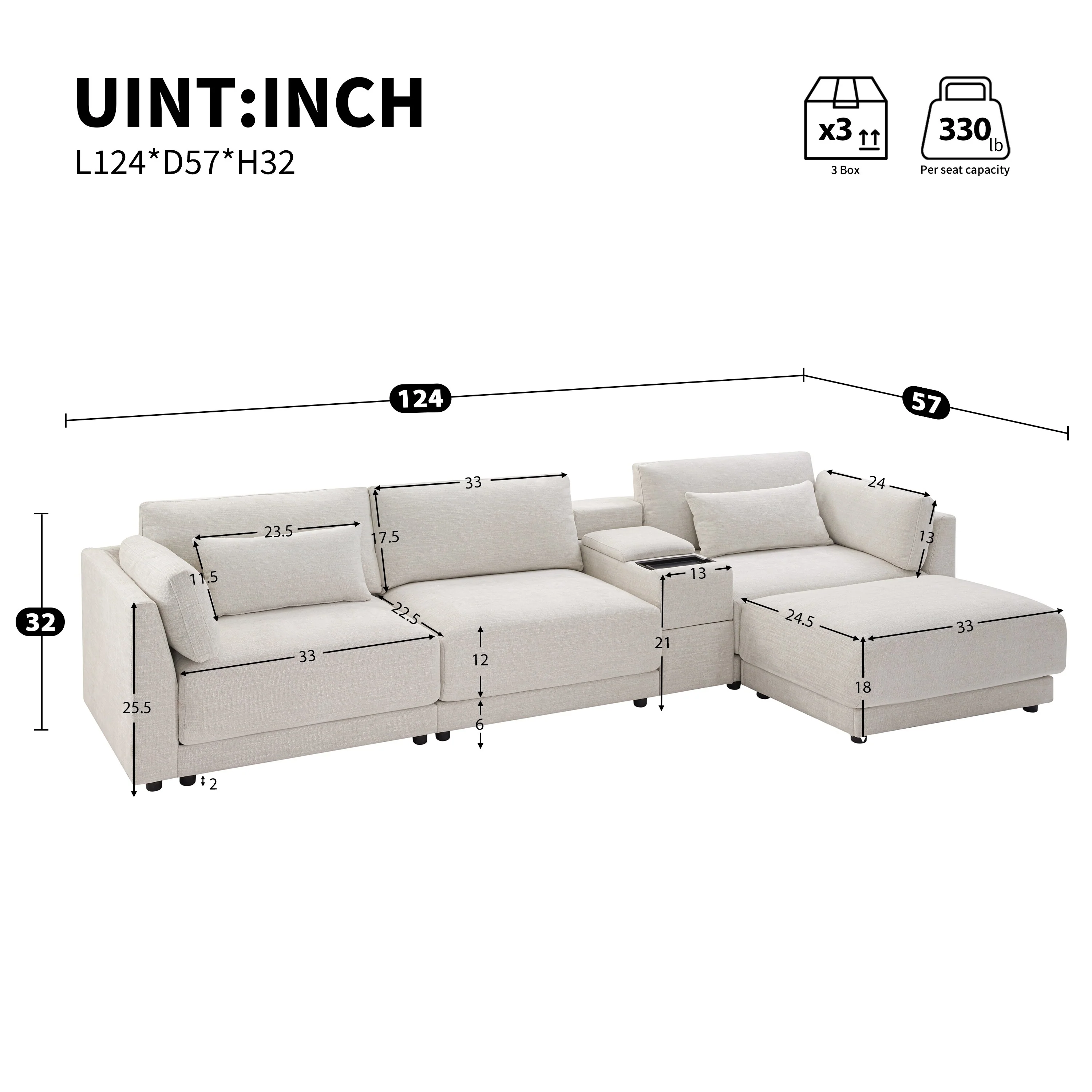 124 Chenille 4-Seater L-Shaped Sofa with Storage Console, USB