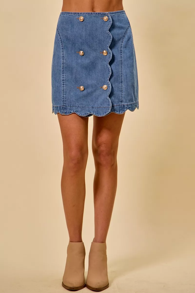 Denim Scalloped Buttoned Front Skirt