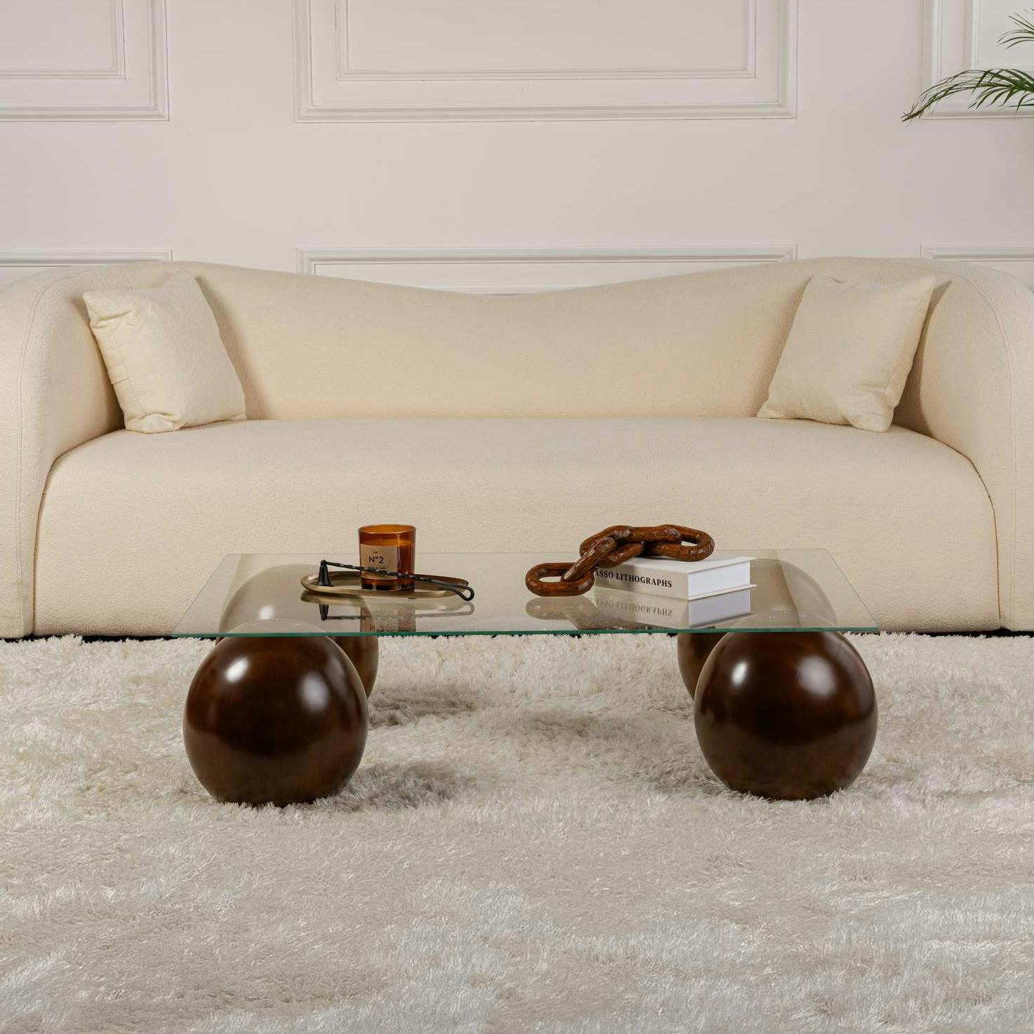 Table basse rectangulaire en verre 4 pieds boule KOCHI
