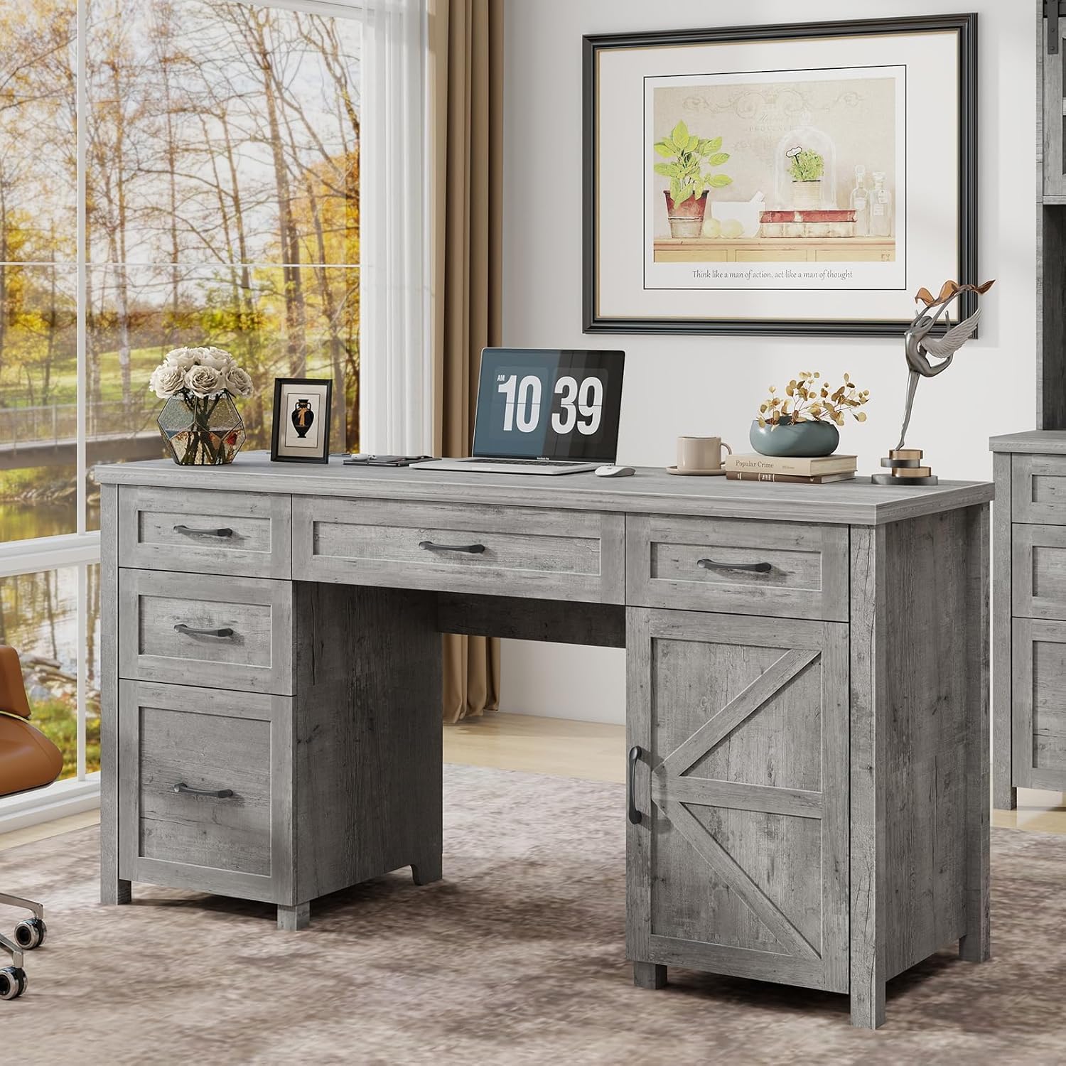 Vabches Farmhouse 61'' Executive Desk with 5 Drawers, Rustic Office Desk Computer Desk with Charging Station, File Drawers and Storage Cabinet, Wood Workstation for Home Office and Study,Grey.