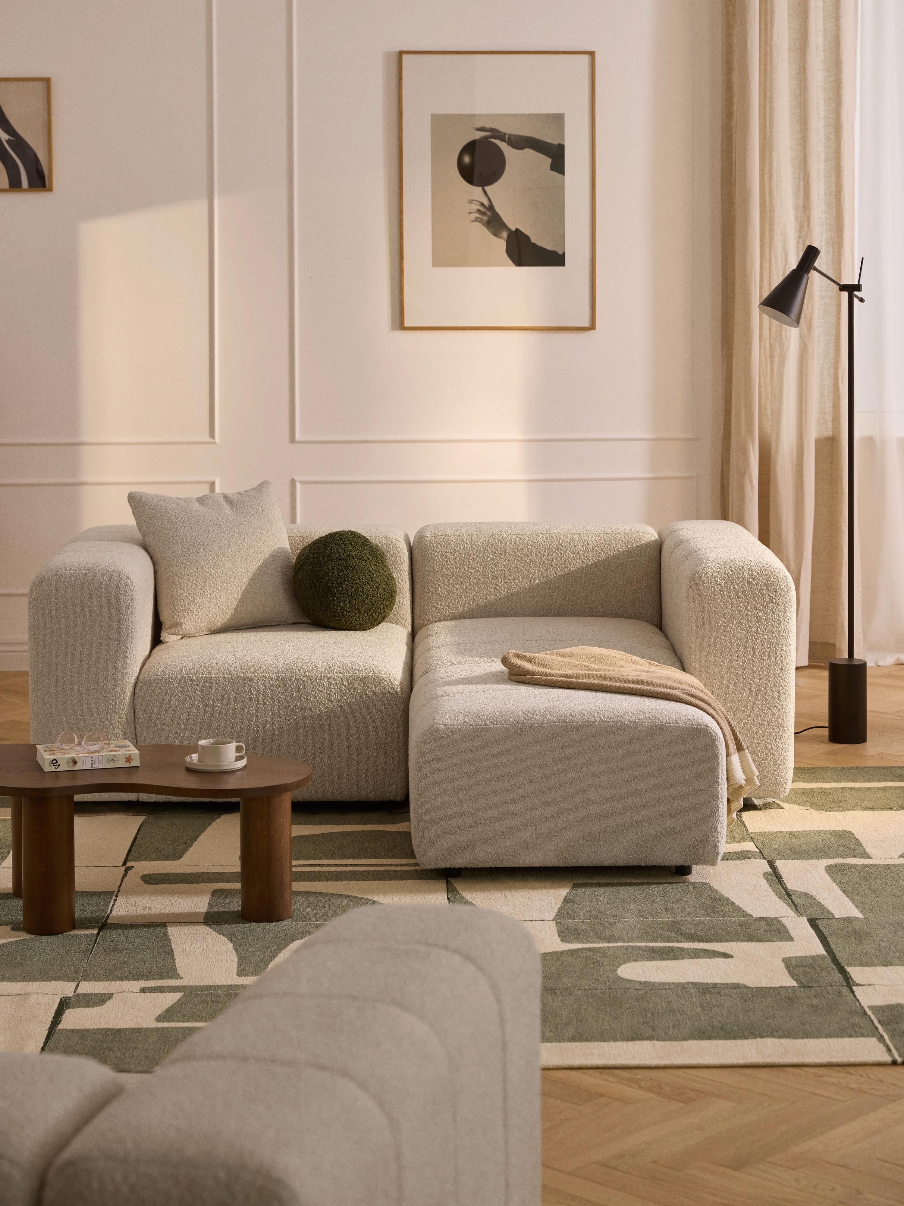 Modulares Bouclé-Sofa Lena (3-Sitzer) mit Hocker (links/rechts)