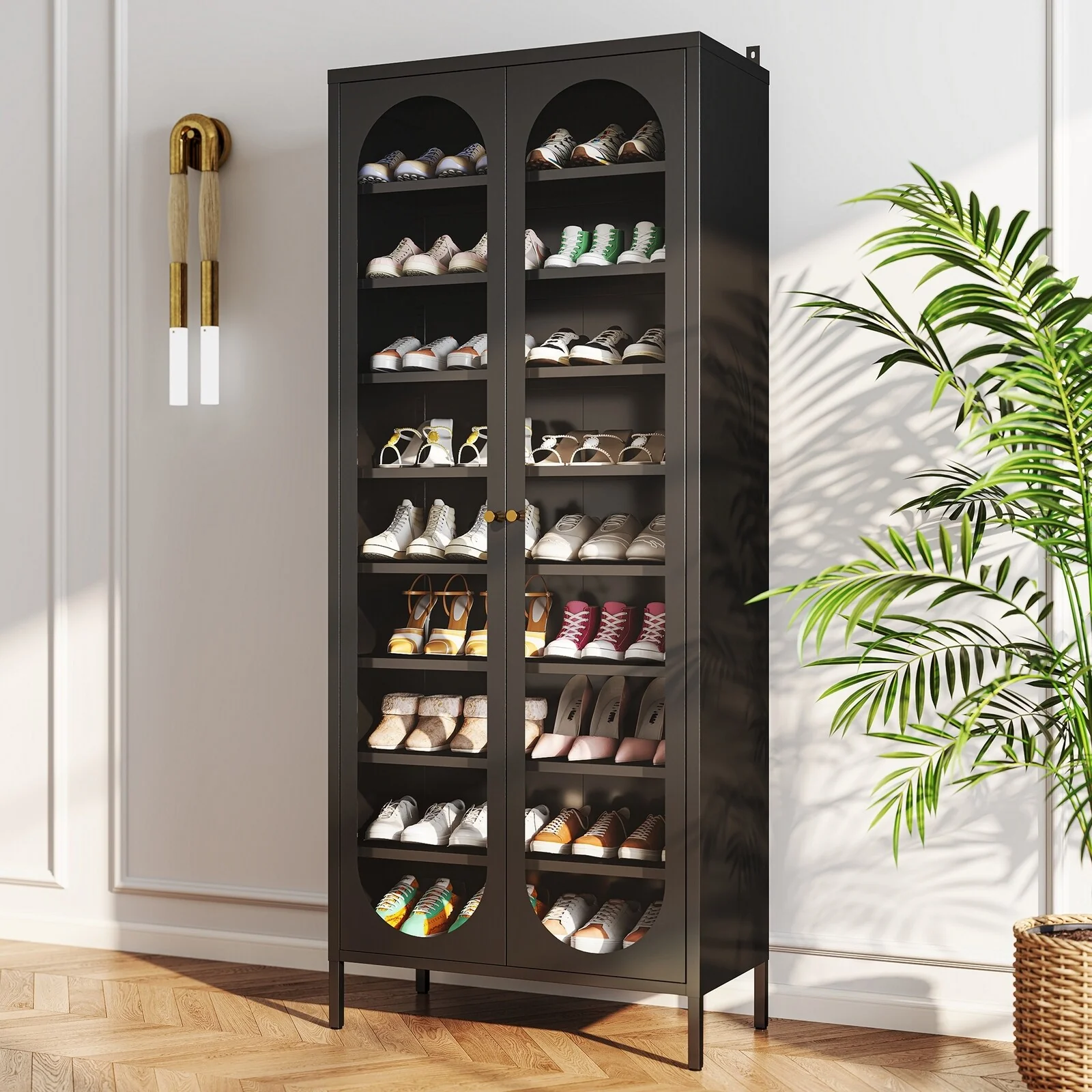 9-Tier Shoe Storage Cabinet with Glass Doors & Adjustable Shelves - 67H x 27.6W x 13.8D