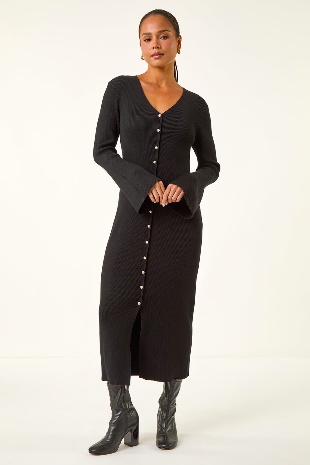 Roman Petite Knitted Button Detail Midi Dress