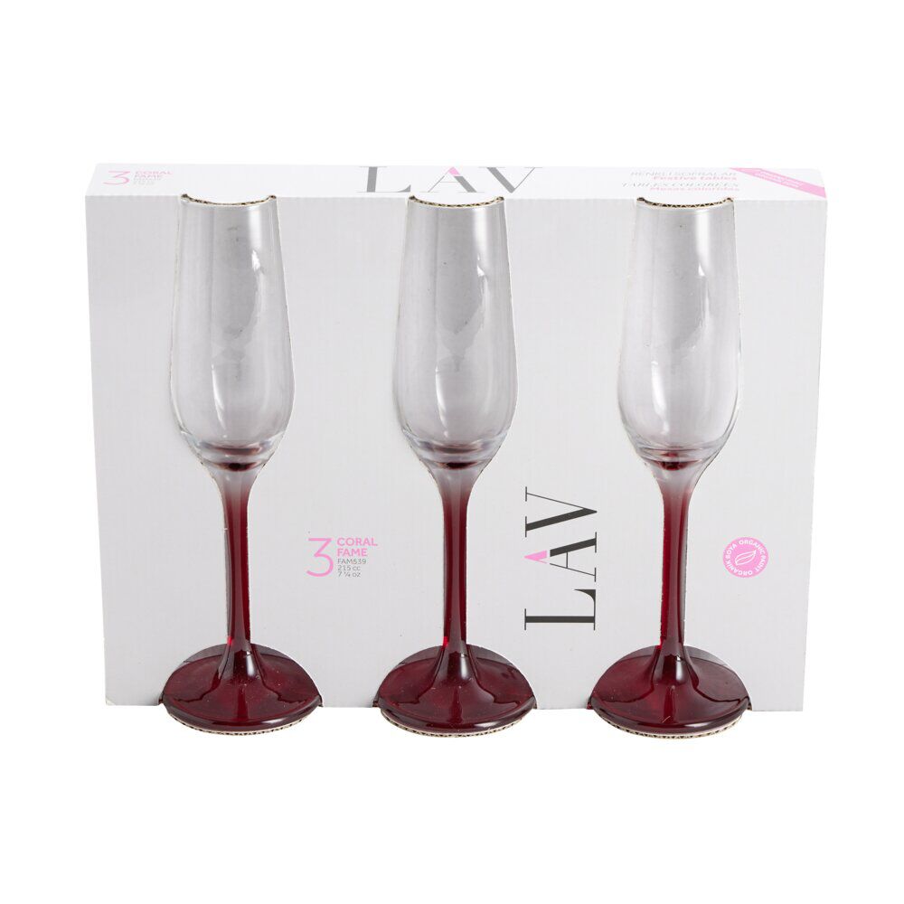 Fl&ucirc;te à champagne x3 en verre avec pied rouge fumé 21,5cl