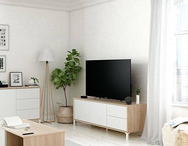 Meuble TV Dayha, Buffet pour télévision avec 2 portes, Meuble TV de salon, Buffet pour salon, 130x41h47 cm, Chêne et Blanc