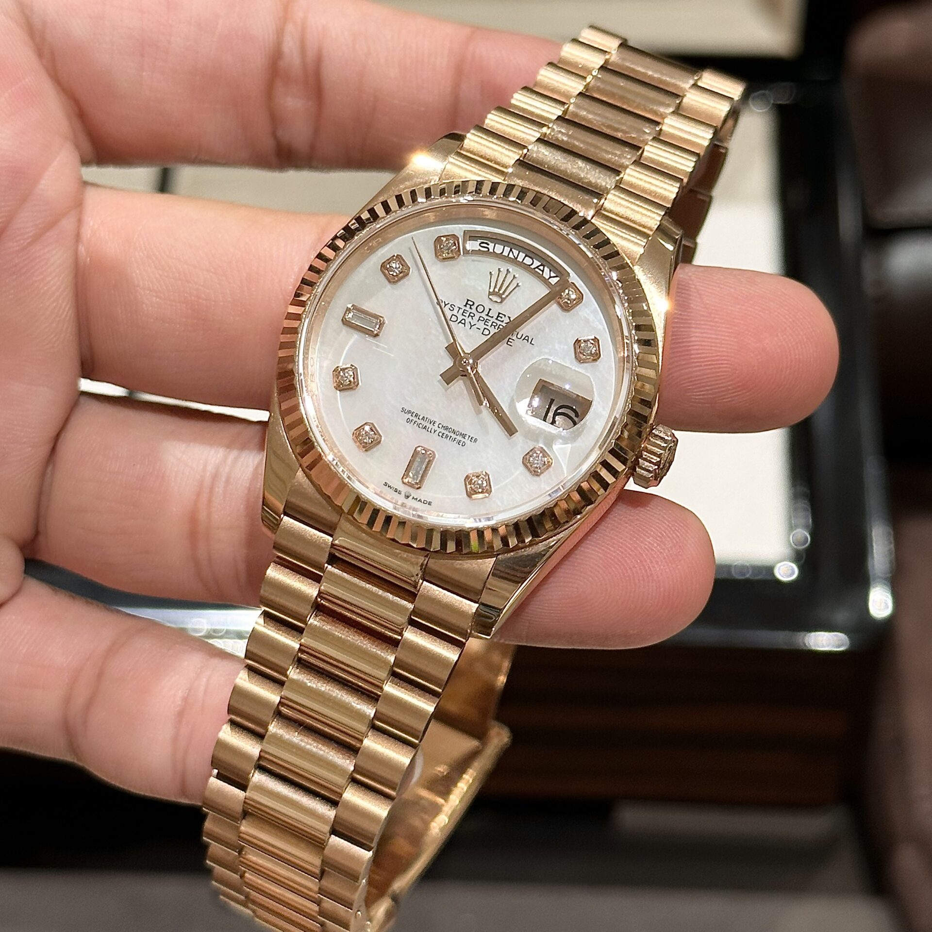 Rolex Day-Date RG Plated MOP Dial CZ Diamonds 36mm EWF Replica