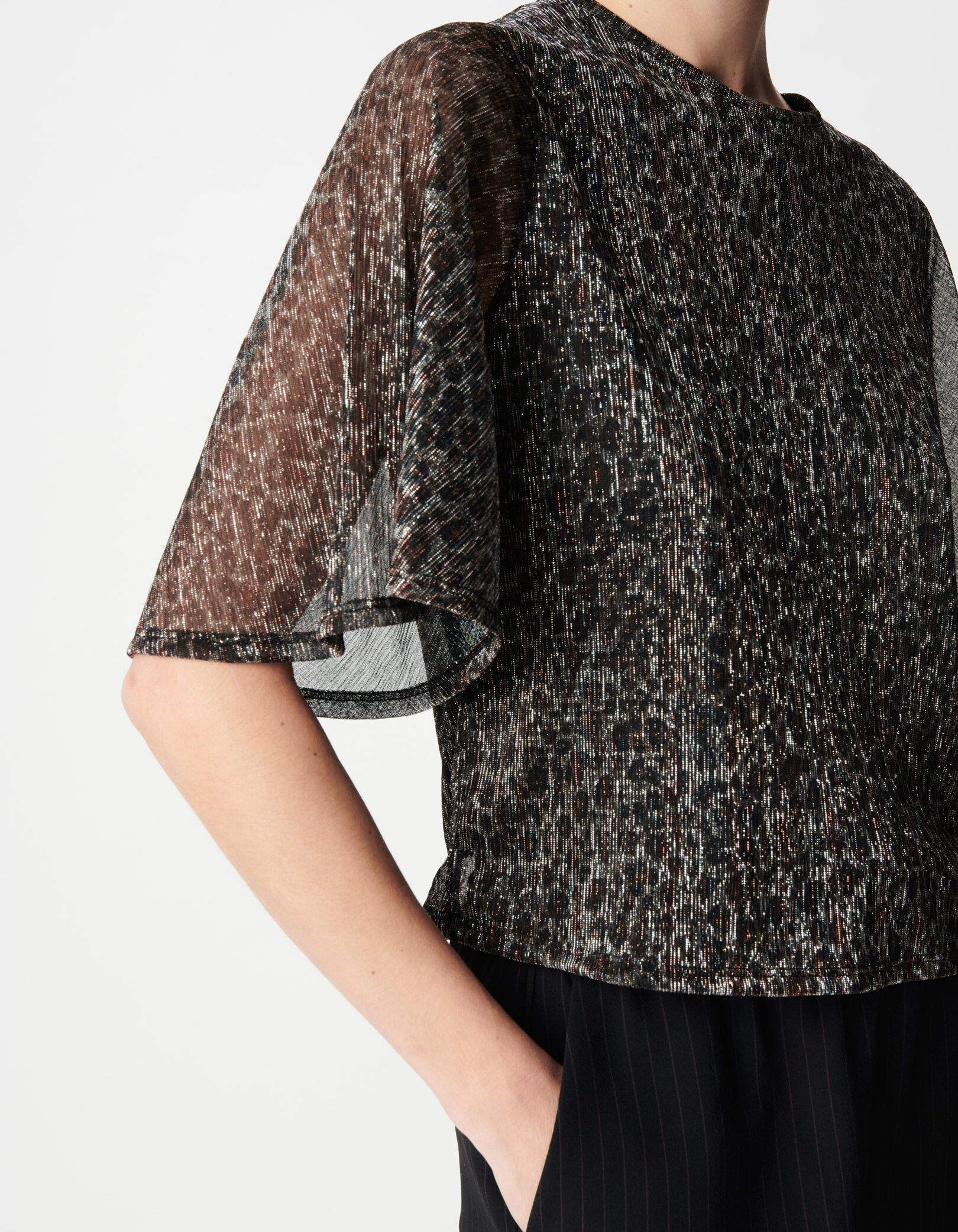 Top noir maille motif léopard lurex Femme