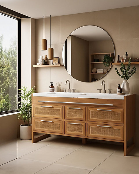 Meuble salle de bain en teck et terazzo beige 145 cm - Uniqka