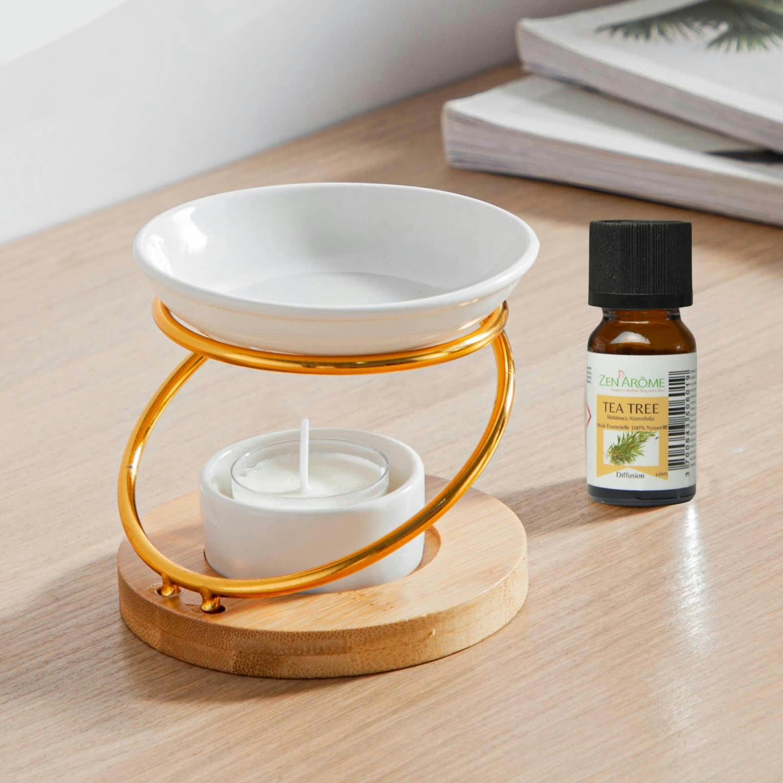 SIMPLICITY - Brûle parfum hula en métal, bambou et céramique blanche - H10cm