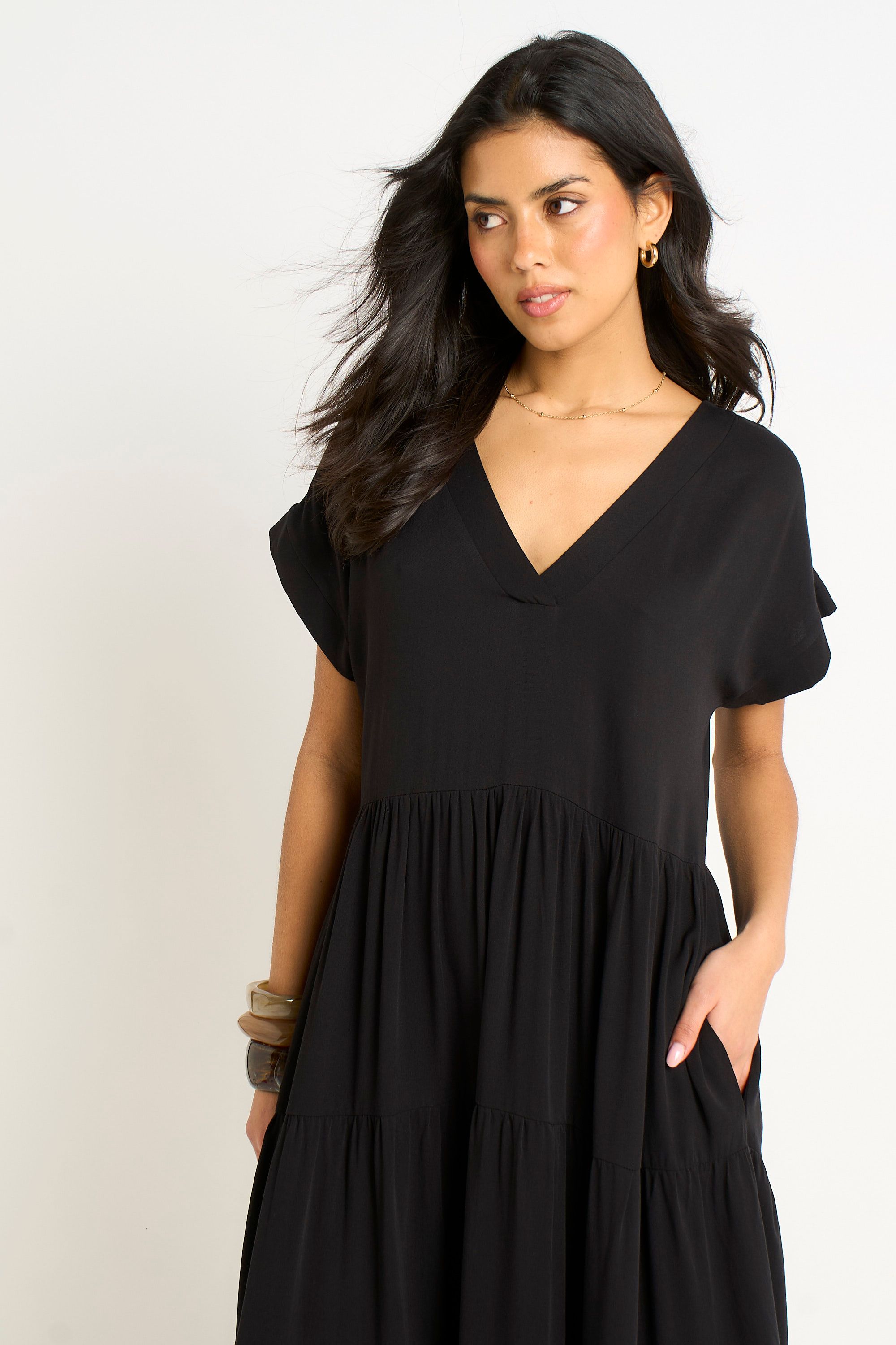Gini London Black V Neck Pocket Smock Midi Dress
