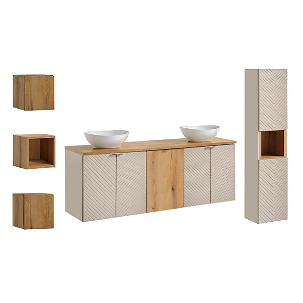 Ensemble meuble double vasque 160cm 4 portes colonne et 3 armoires murales Manoa Cachemire et Bois