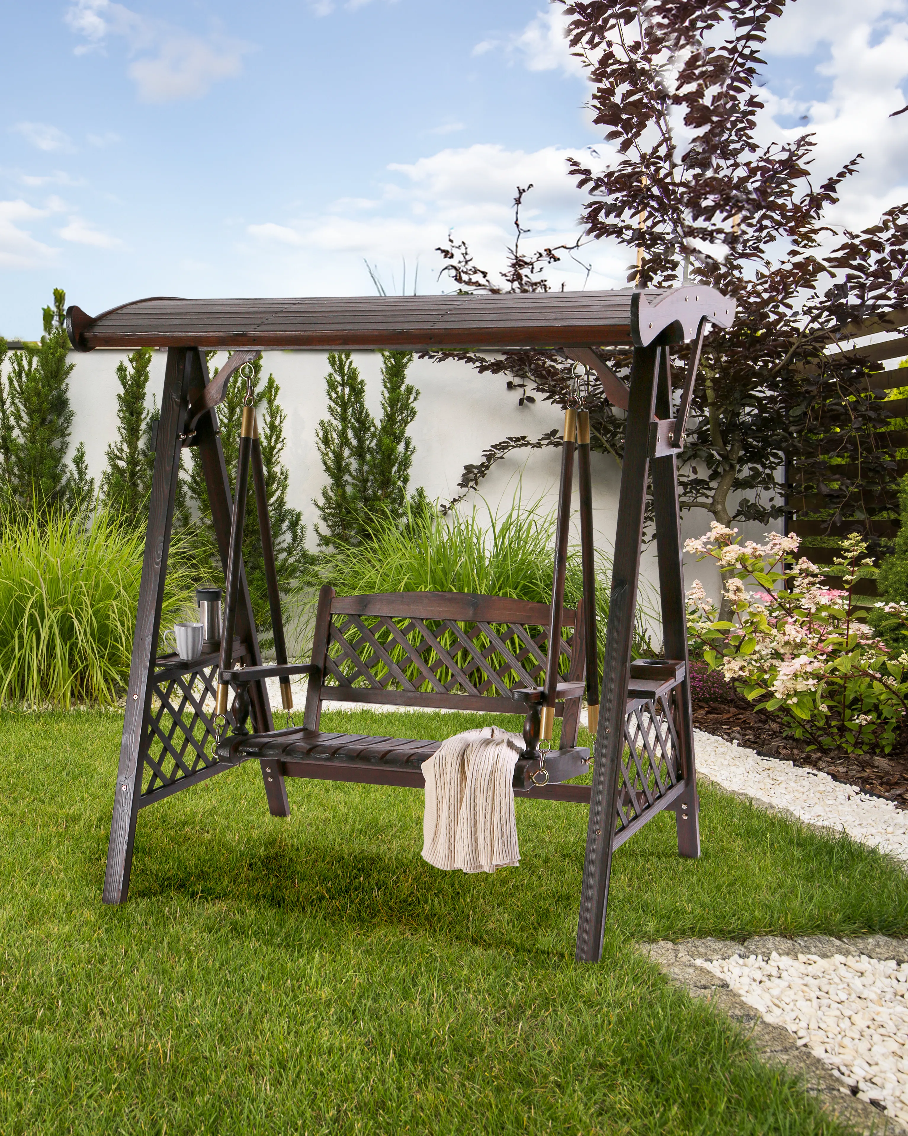 Patio Swing SENARICA Spruce Wood Dark Brown