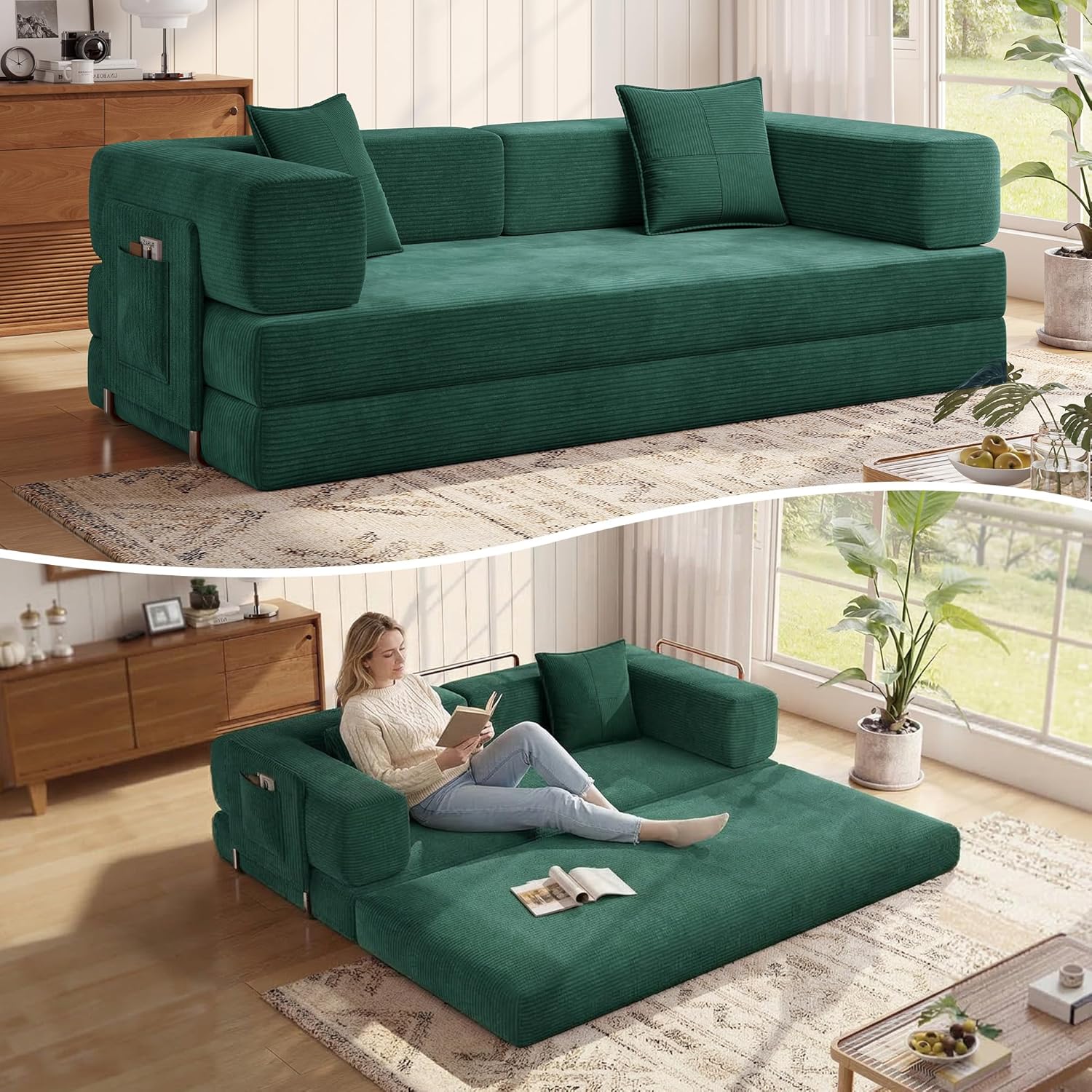 MoonSpeak 78.8''Sleeper Couch Bed for Livingroom,Convertible Modular Sofa with Armrest Pillow,Modular Foldable Corduroy Couches in a Box,No Assembly (Emerald Green)