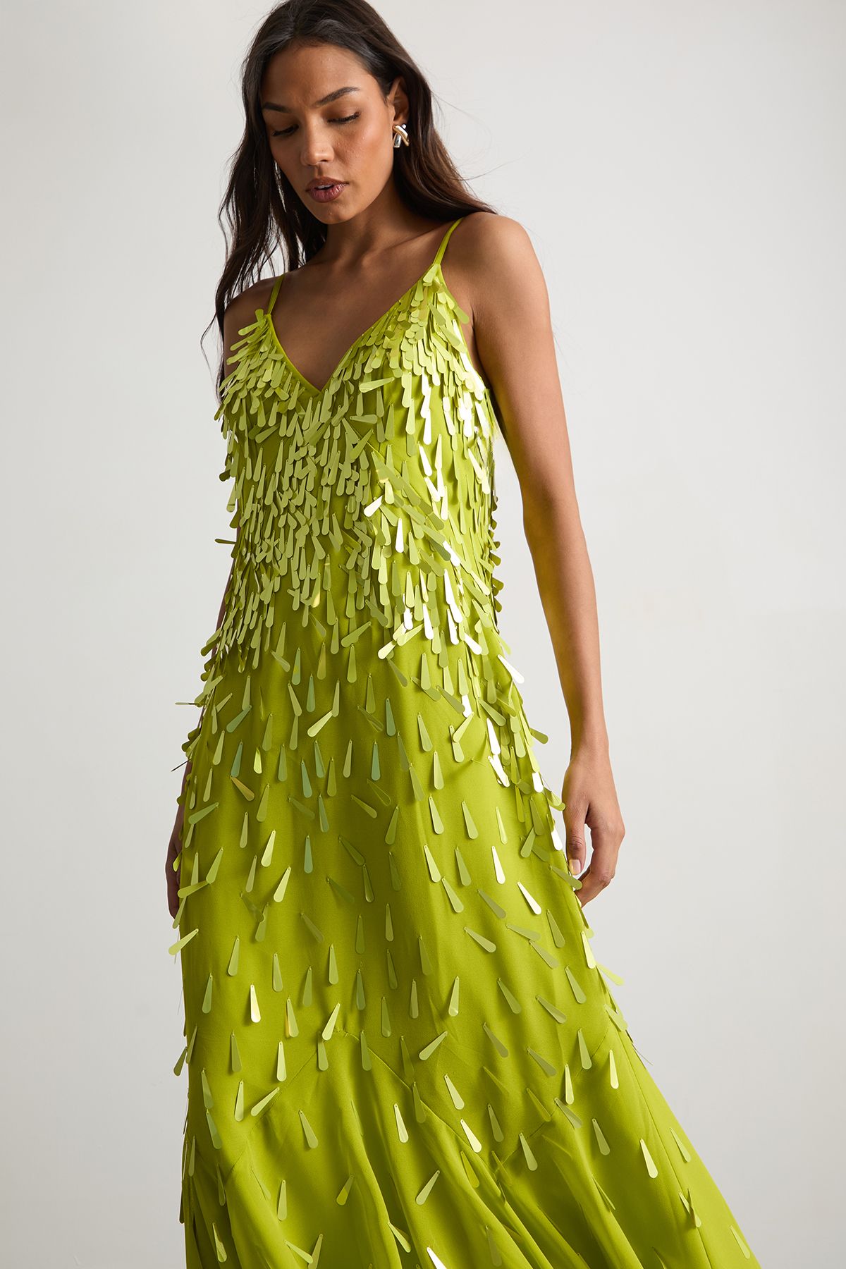 Warehouse Premium Teardrop Embellished Bias Cut Midi Dress