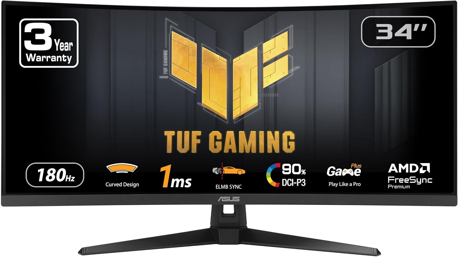 ASUS TUF Gaming 34” Ultra-Wide Curved Monitor (VG34VQ3B) – 21:9 QHD (3440x1440)  180Hz  1ms  Extreme Low Motion Blur Sync  FreeSync Premium  Speaker  90% DCI-P3  DisplayWidget Center  3 yr Warranty