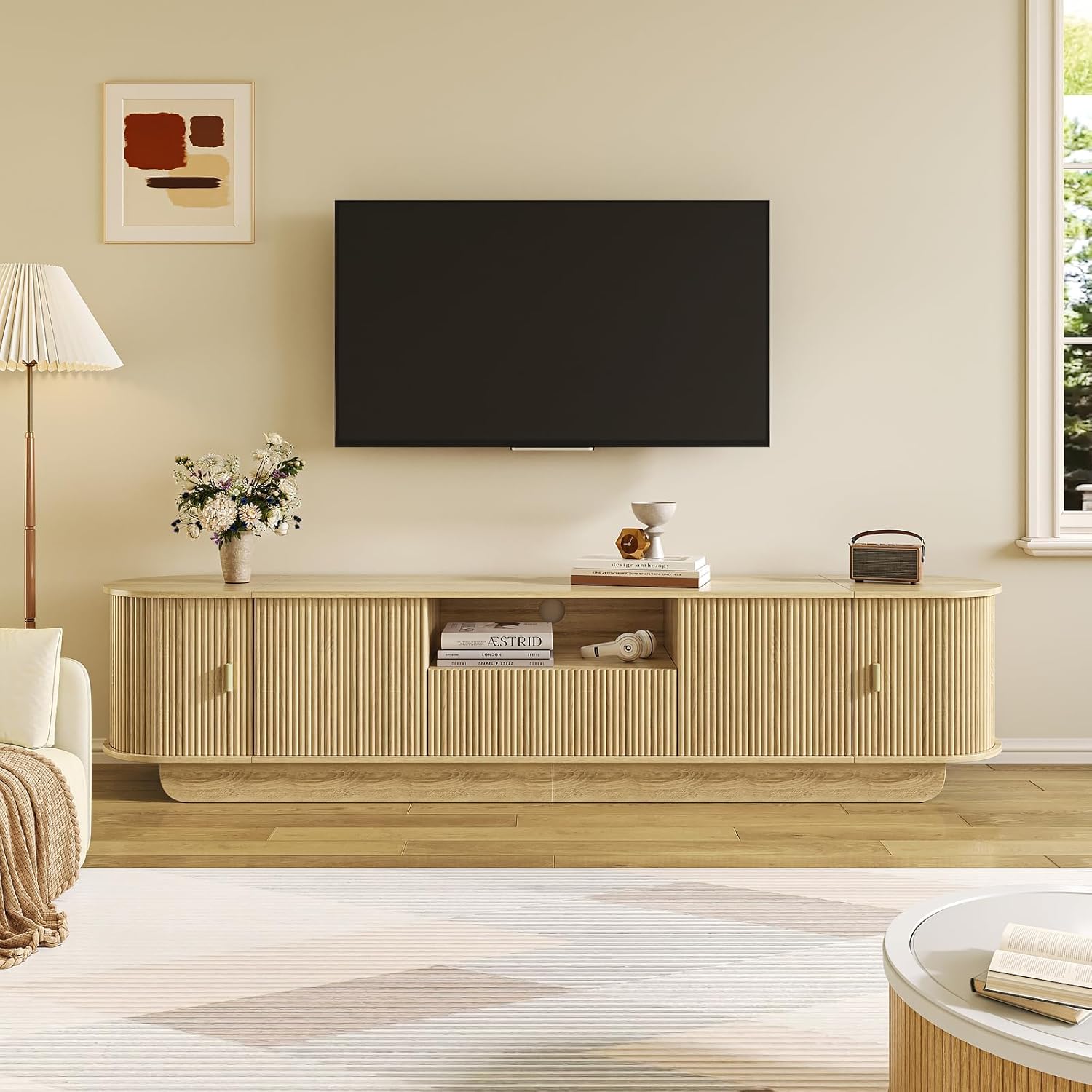 86.61'' Tambour TV Stand for 55-85 Inch, Modern Entertainment Center with Large Storage Cabinet & Open Shelves, TV Console with Sliding Doors for Living Room, Bedroom, Natural