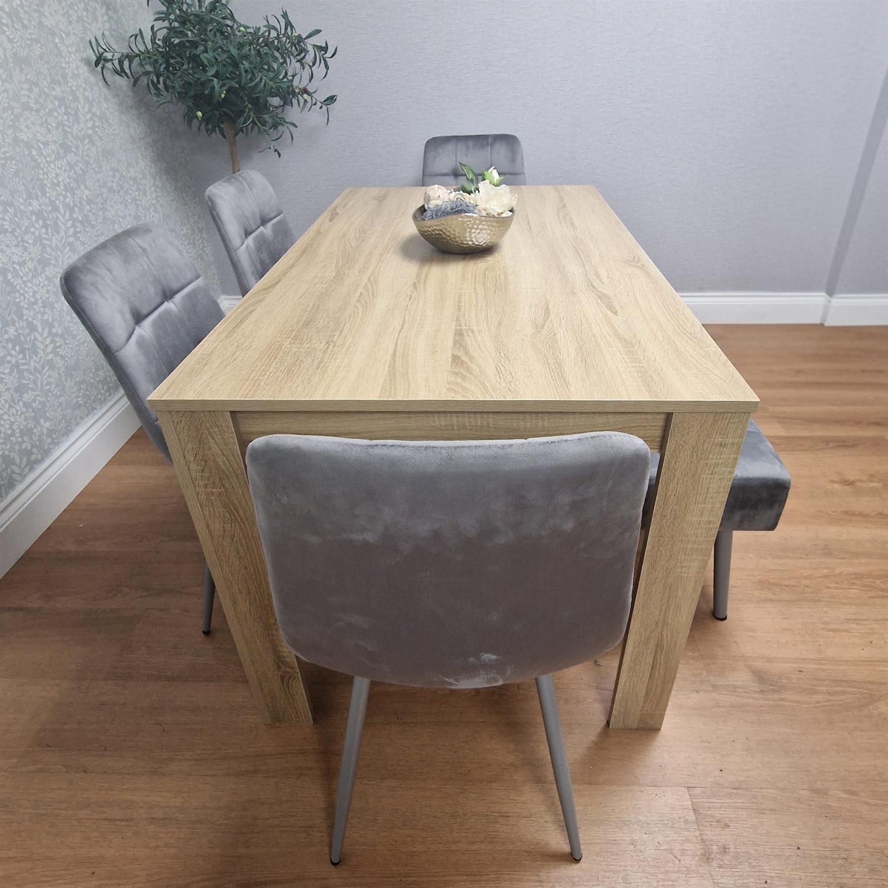 KOSY KOALA Oak Effect Dining Table With 4 Grey Velvet Chairs And 1 Grey Bench Dining Room Furniture