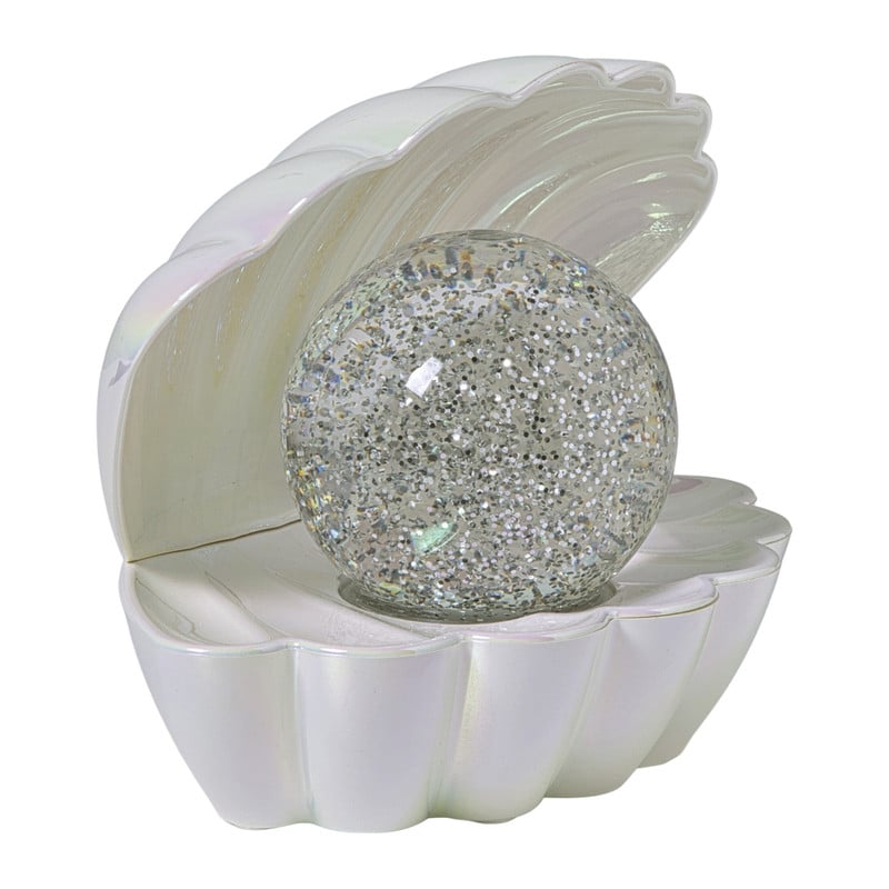 Schelp met glitter parel - wit - 17x15x12 cm
