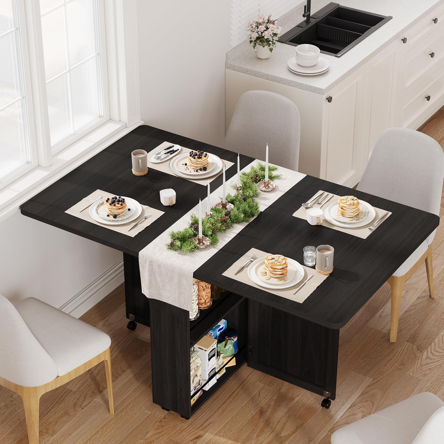 Garvee Folding Dining Table with Storage, Folding Kitchen Table with 6 Wheels, Drawer & Shelves, Compact Dining Table for Small Spaces