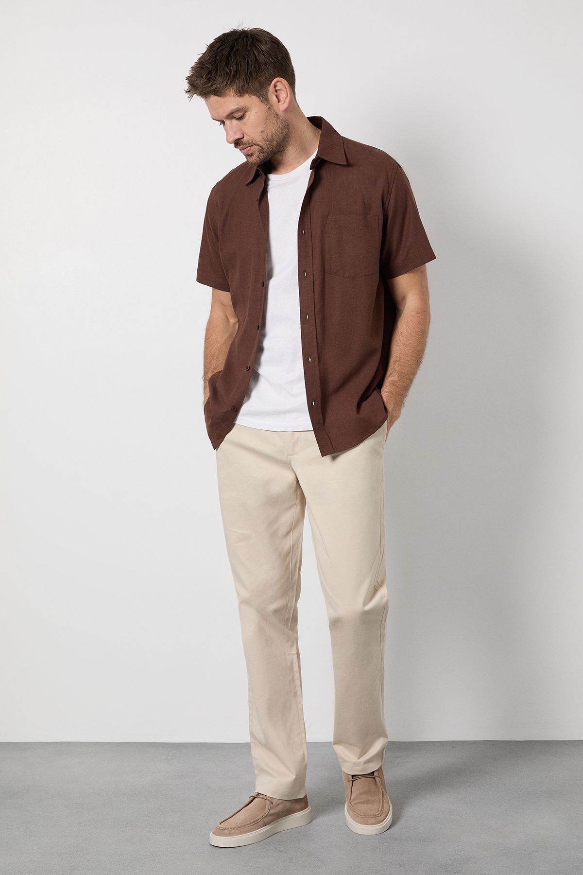 Burton Chocolate Linen Blend Short Sleeve Shirt