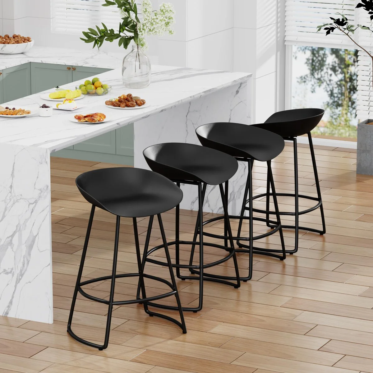 Swivel Barstools Set of 4,Modern 26 Counter Height Bar Chairs Plastic Seat Metal Bar Stools for Kitchen Island Breakfast Bar
