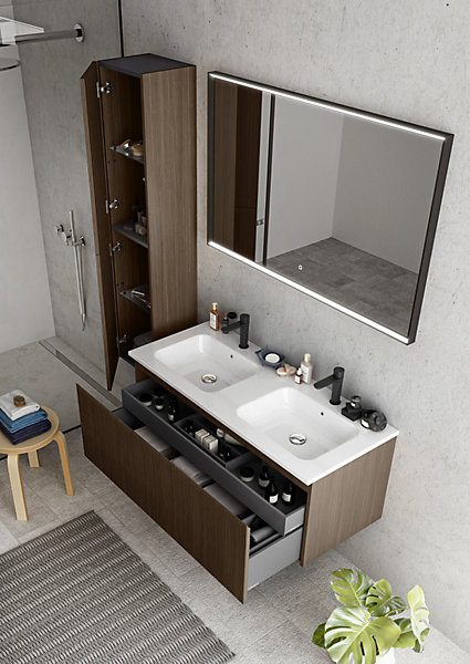 Meuble vasque suspendu plaqué noyer strié l.120 cm   plan double vasque blanc céramique, Pura