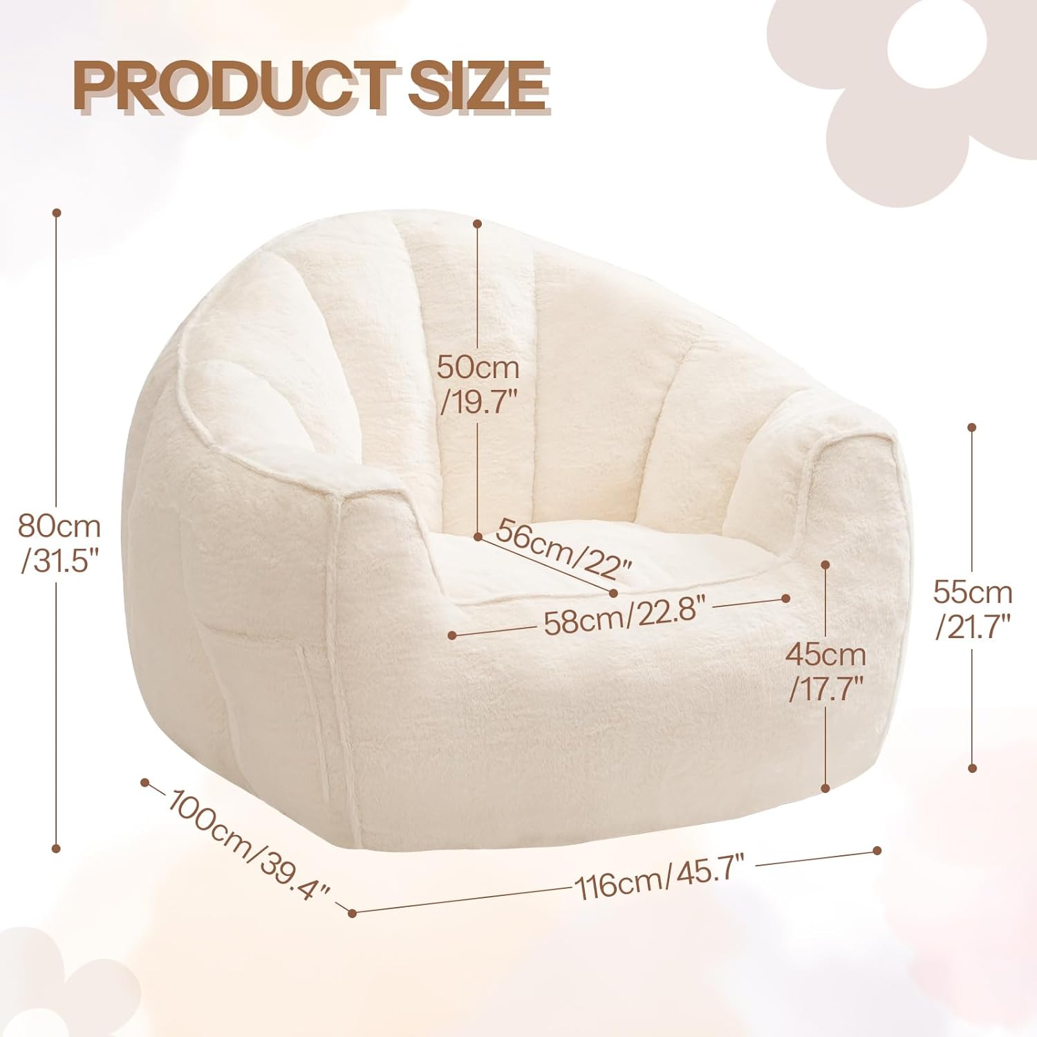 HOOBRO Bean Bag Chair, Oversized Bean Bag Sofa with Side Pockets for Adults, Comfy Faux Fur Reading Chair with Memory Foam Filling, Stuffed Large Lounge Floor Sofa for Bedroom, Corner, White WT01SO01