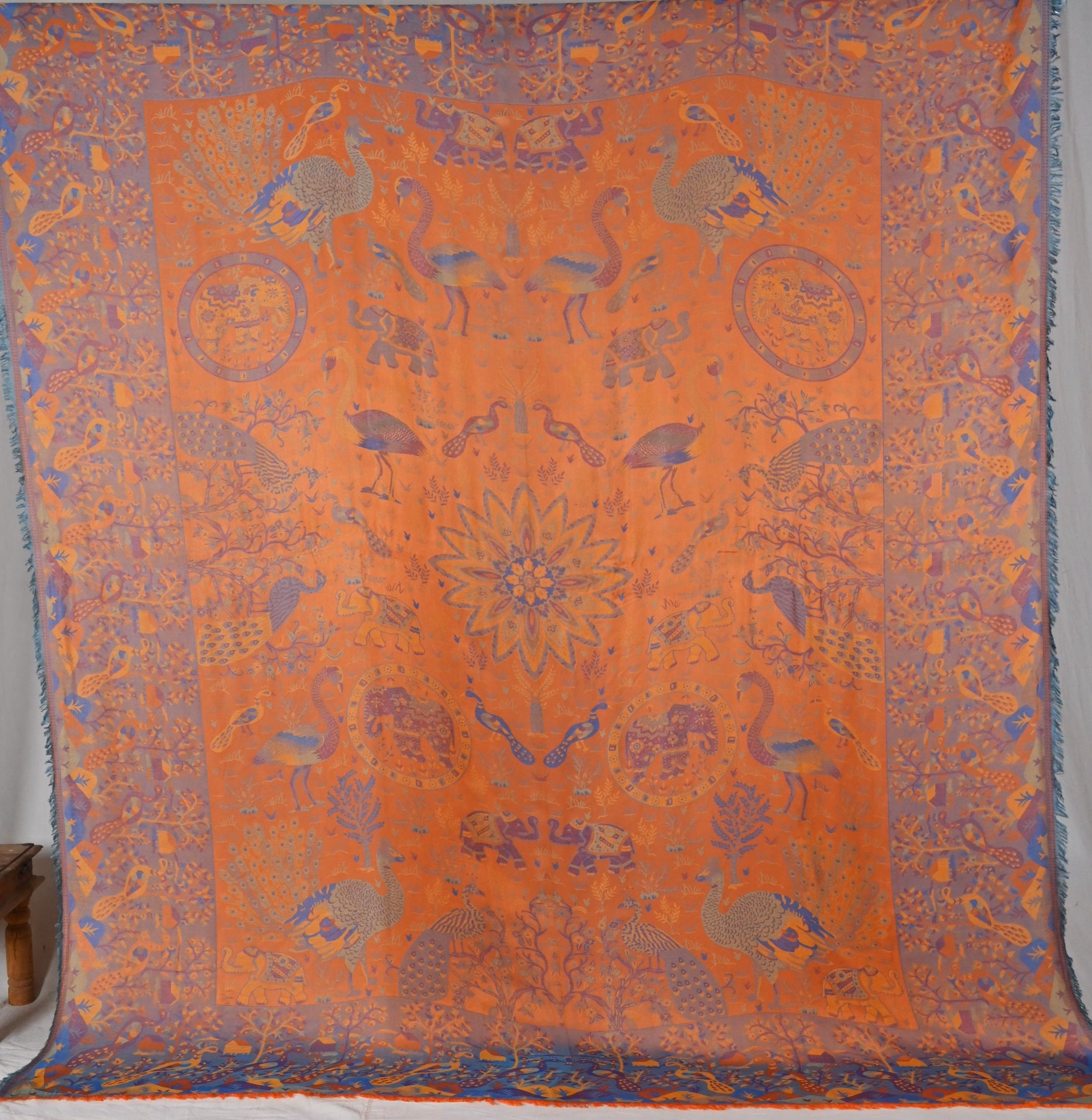 Orange Peacock Designer Reversible Cashmere Silk Bed cover, Handmade Bed Throw, Cashmere Bedspread, Bedroom Accessories, Mother's gifts