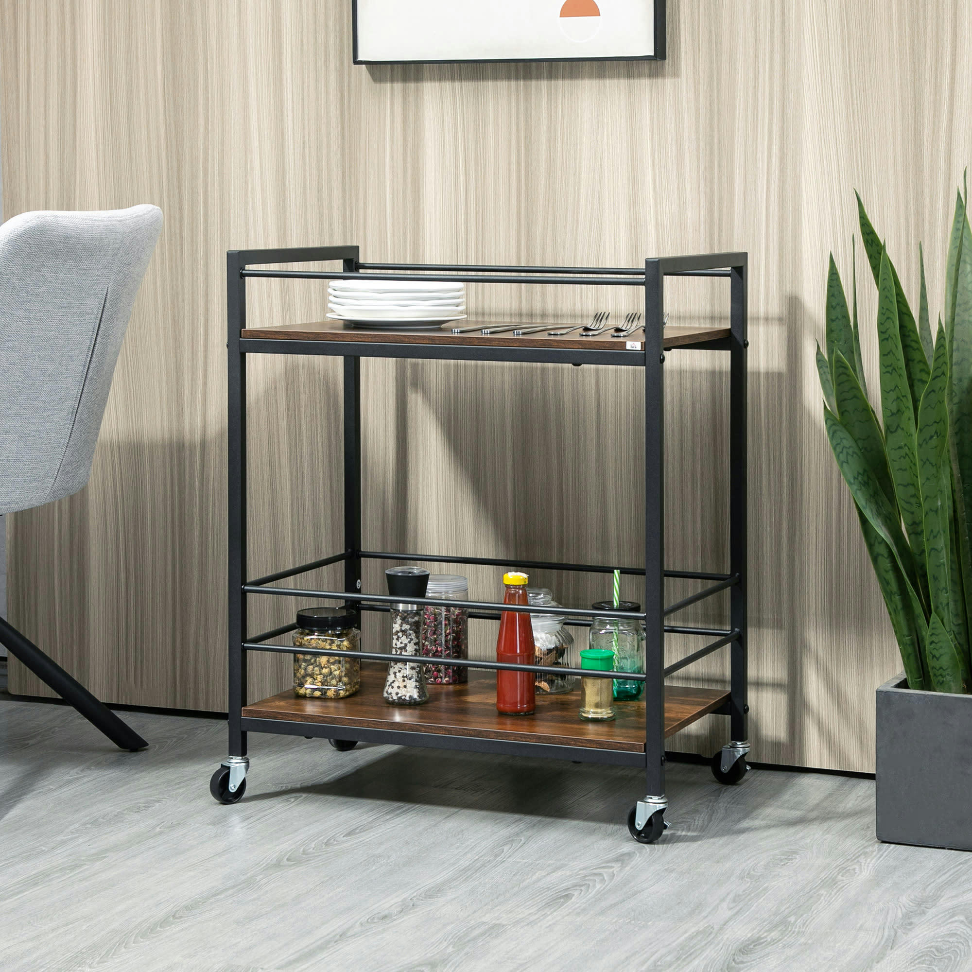 - Desserte de cuisine à roulettes 2 plateaux métal aspect bois