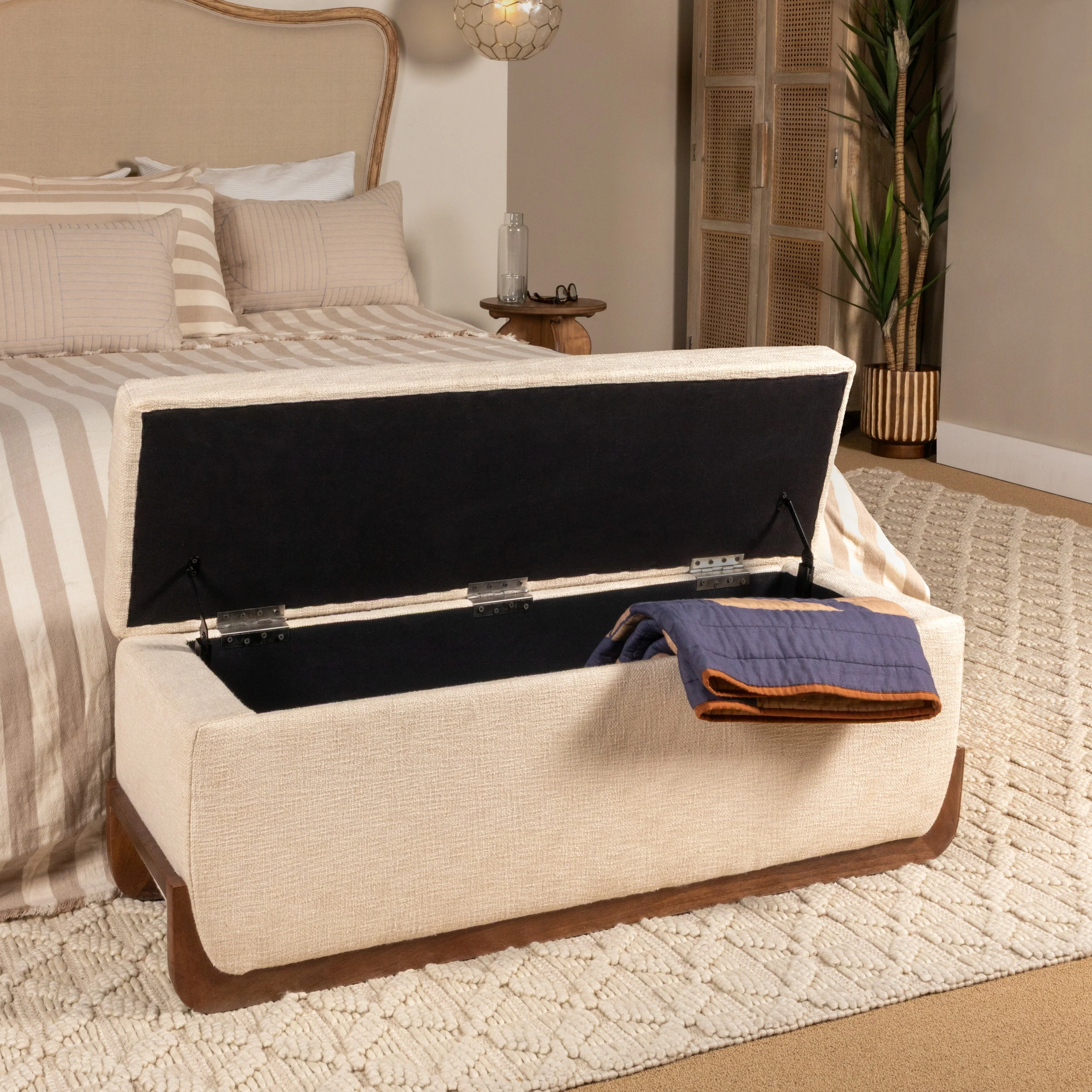 Mango Wood and Linen Storage Bench - 18.0H