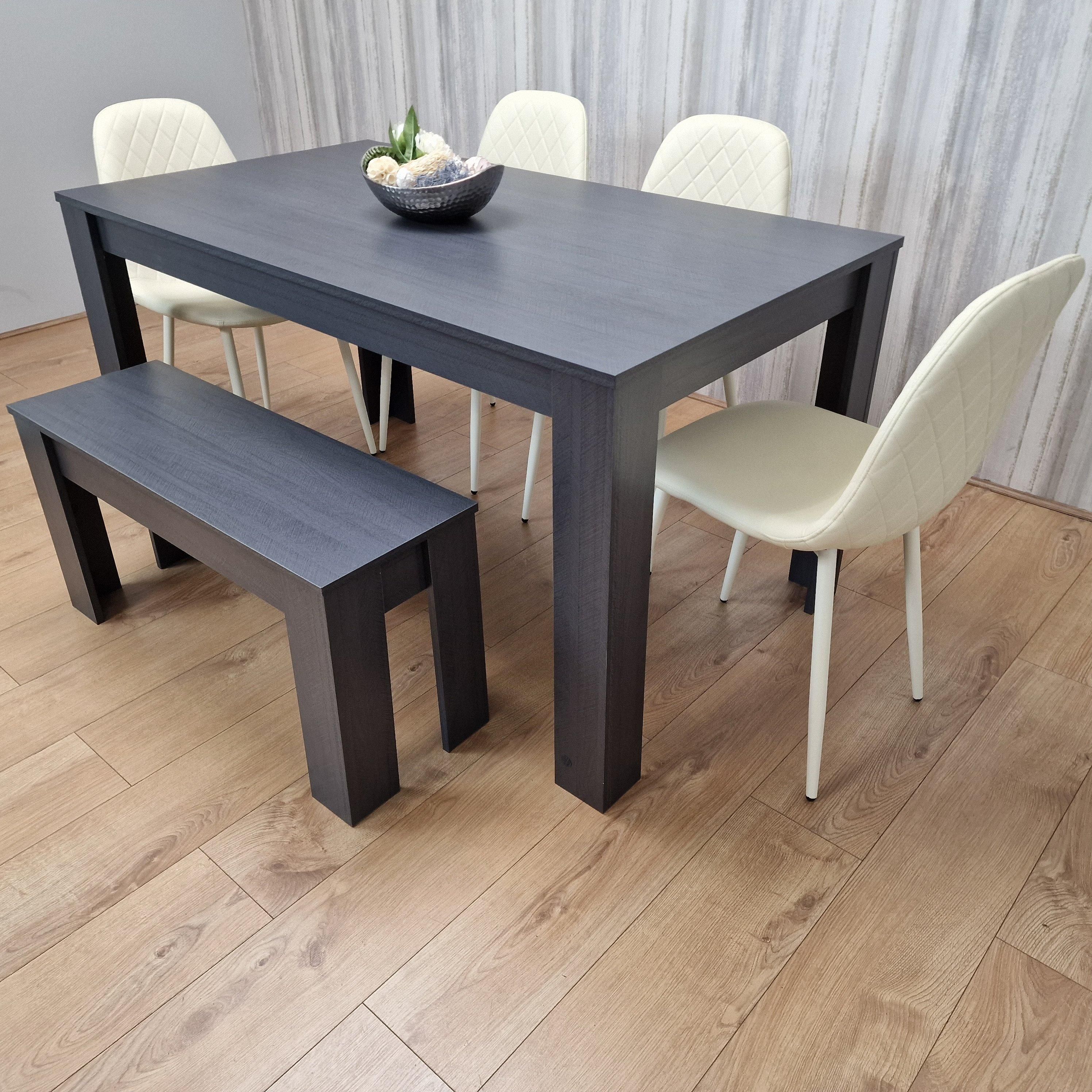 KOSY KOALA Grey Dining Table with 1 Bench and 4 Diamond-Pattern Cream Chairs