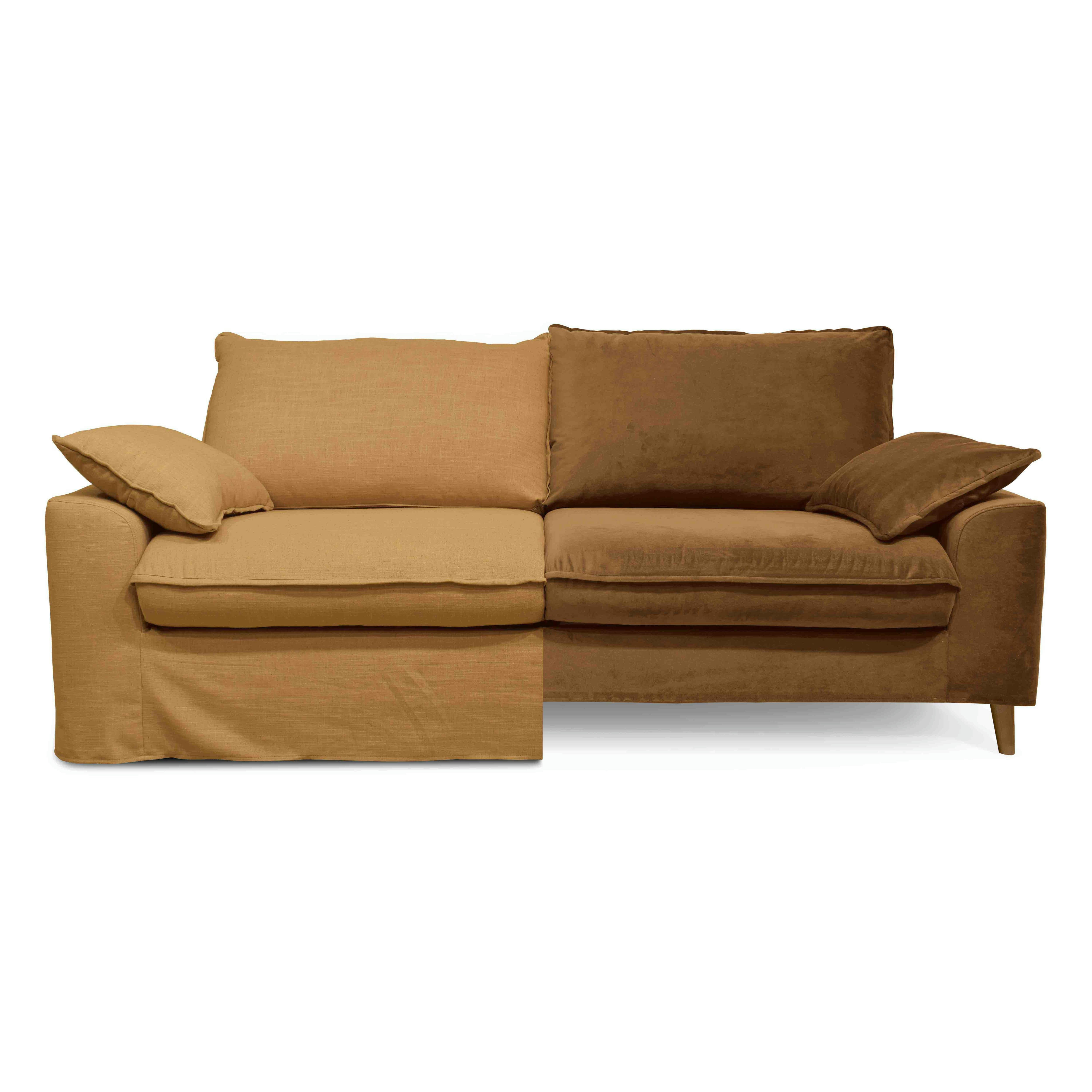 JAROD - Canapé tissu lin ocre avec une housse supplémentaire velours rouille