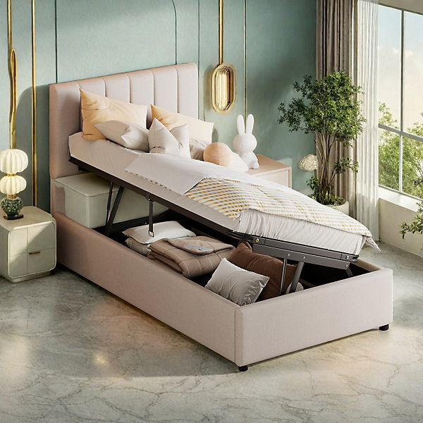 Lit enfant rembourré 90x200 cm, lit coffre hydraulique, lit haut coffre en lin doux pour la peau, beige