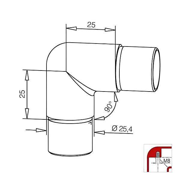 2 x Raccord 90 degrés pour tube diam. 25,4 x 1,27 mm - Zamac aspect inox brossé