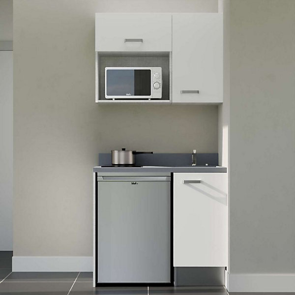 Kitchenette K00 - 100 cm - façades Blanc - Plan monobloc en quartz coloris Cromo évier à droite - Electroménager Inox
